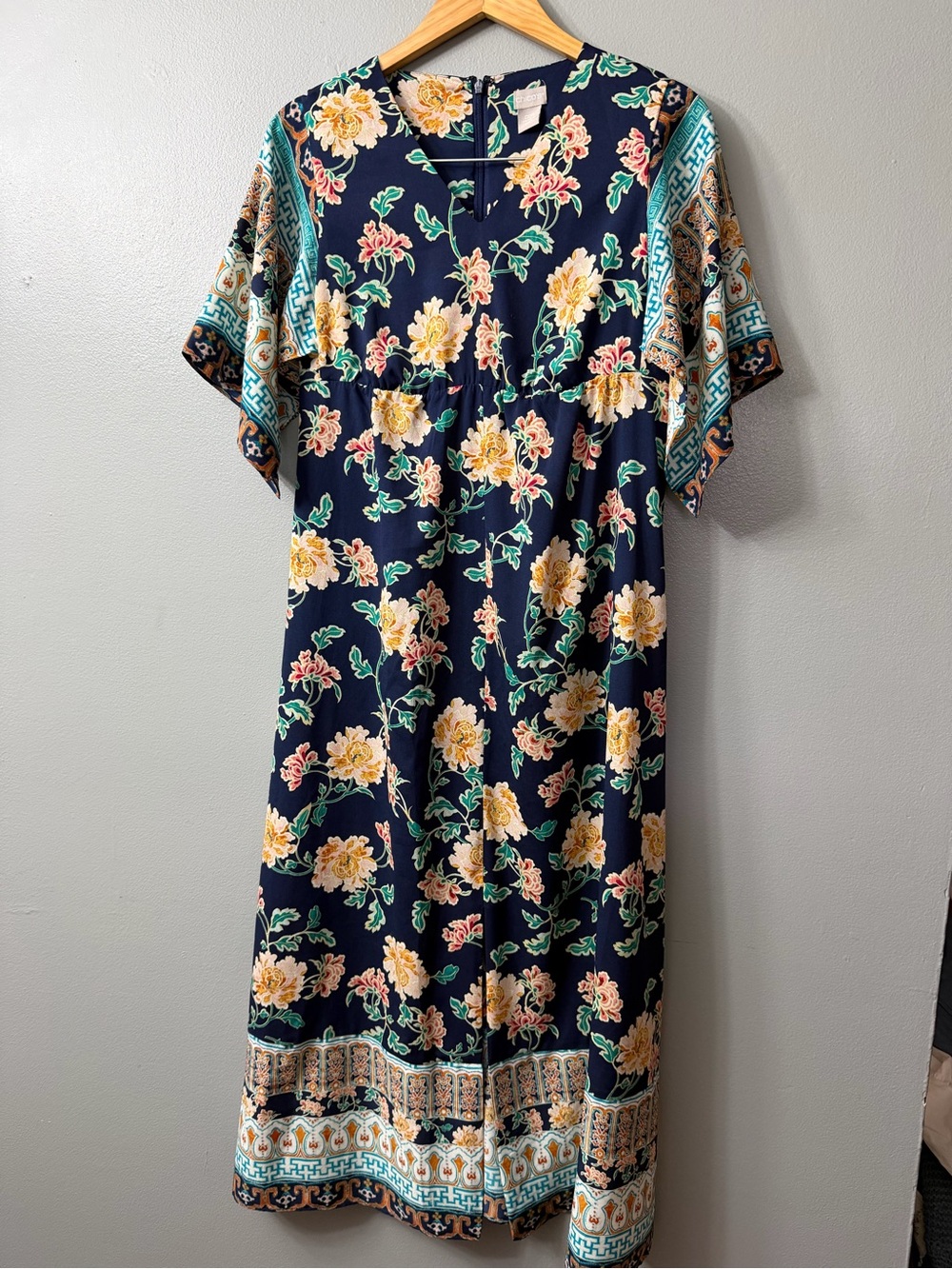 Chicos Floral  Navy V-Neck Maxi Dress with Short Kimono Sleeve 2P